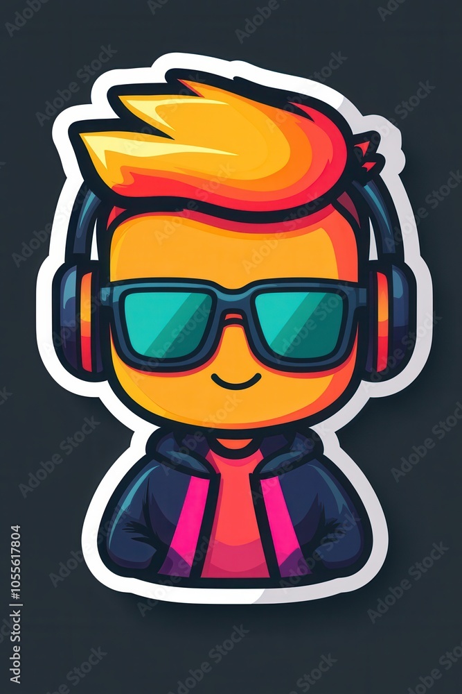 A fashionable hipster character is depicted with bright orange skin, cool shades, and headphones. Dressed in a dark jacket and vibrant top, the character showcases a contemporary design on a perfect w A fashionable hipster character is depicted with bright orange skin, cool shades, and headphones. Dressed in a dark jacket and vibrant top, the character showcases a contemporary design on a perfect w