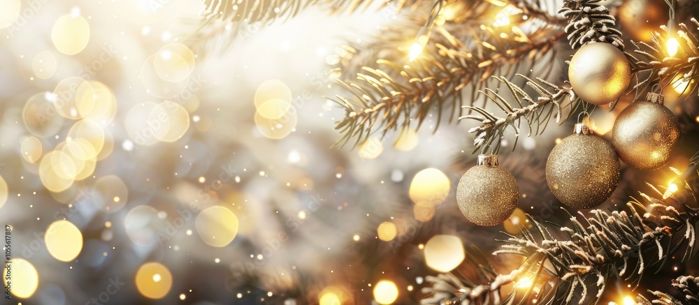Fir branches adorned with Christmas balls and golden lights in a blurred background with copy space image Fir branches adorned with Christmas balls and golden lights in a blurred background with copy space image