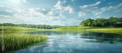 Scenic country landscape with a lake captured in a stunning copy space image photo