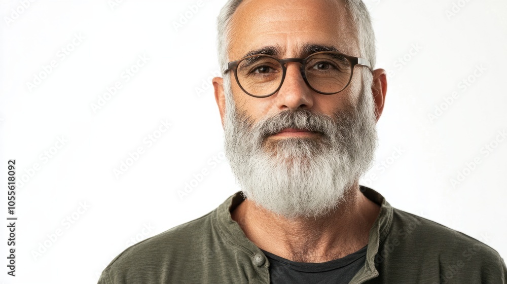 Mature man with neatly trimmed gray beard and glasses, exuding wisdom and calmness, isolated on white Mature man with neatly trimmed gray beard and glasses, exuding wisdom and calmness, isolated on white