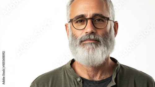 Mature man with neatly trimmed gray beard and glasses, exuding wisdom and calmness, isolated on white