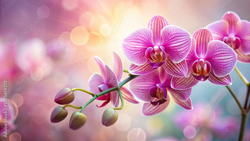 Obraz premium Close-up of a delicate orchid blooming with vibrant pink petals and intricate details, botany, petals, blooms, stem, foliage