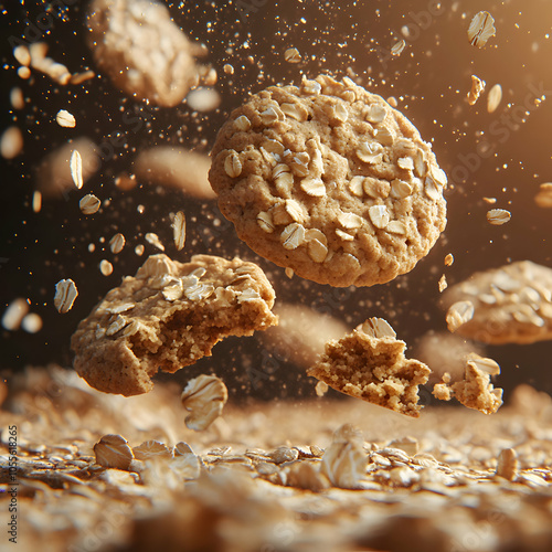 Flying Oatmeal Cookies in Mid-Air Action, Capturing a Whimsical Moment of Treats Tumbling Playfully