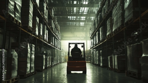 Worker driving forklift on shelves in large warehouse, back view photo