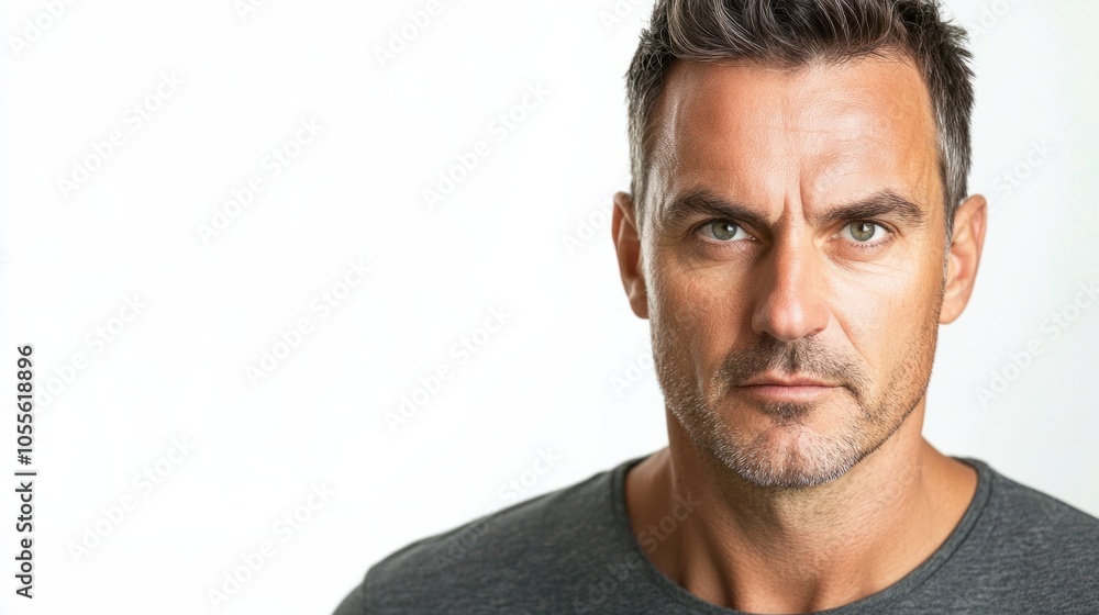 Middle-aged man with short hair and serious expression, conveying focus and determination, isolated on white Middle-aged man with short hair and serious expression, conveying focus and determination, isolated on white