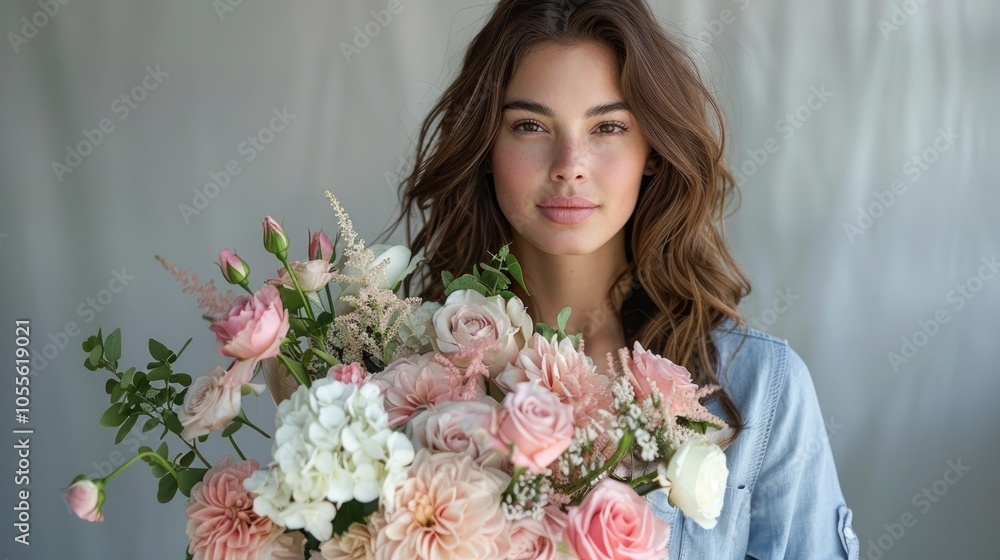 A beautiful young woman with long brown hair holds a large bouquet of pink and white flowers. She is looking directly at the camera with a soft smile. The background is a plain, light gray wall. A beautiful young woman with long brown hair holds a large bouquet of pink and white flowers. She is looking directly at the camera with a soft smile. The background is a plain, light gray wall.