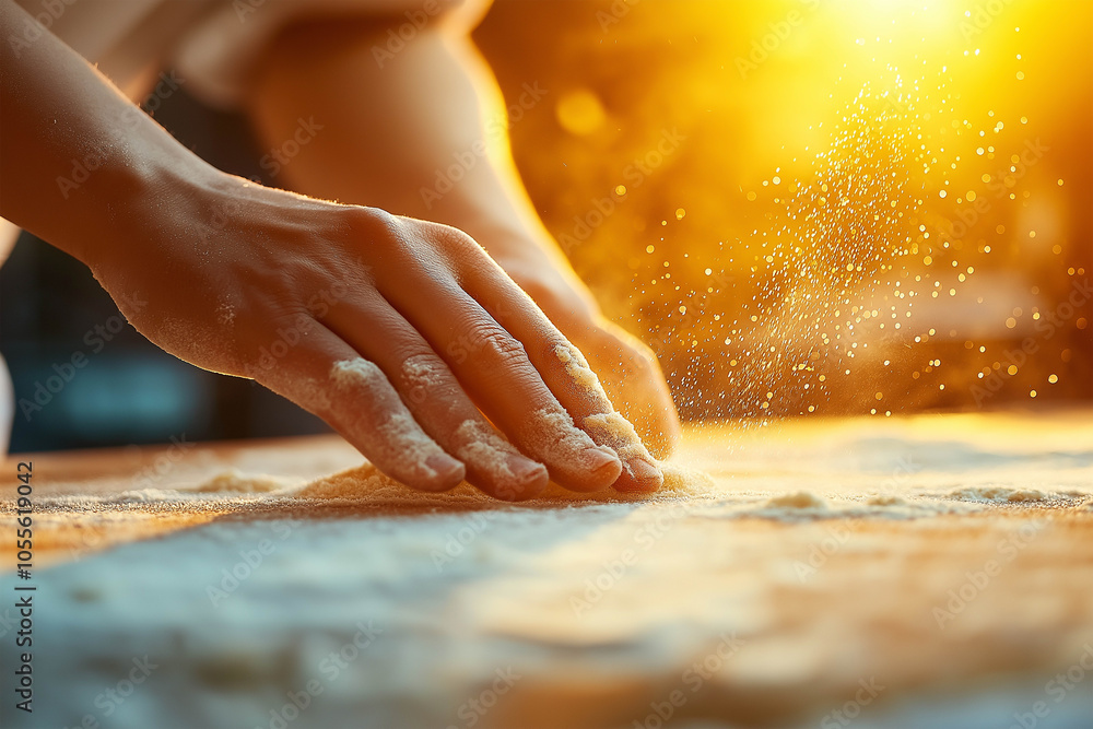 A closeup of hands playing with flour and dough, preparing a delicious, tasty meal A closeup of hands playing with flour and dough, preparing a delicious, tasty meal
