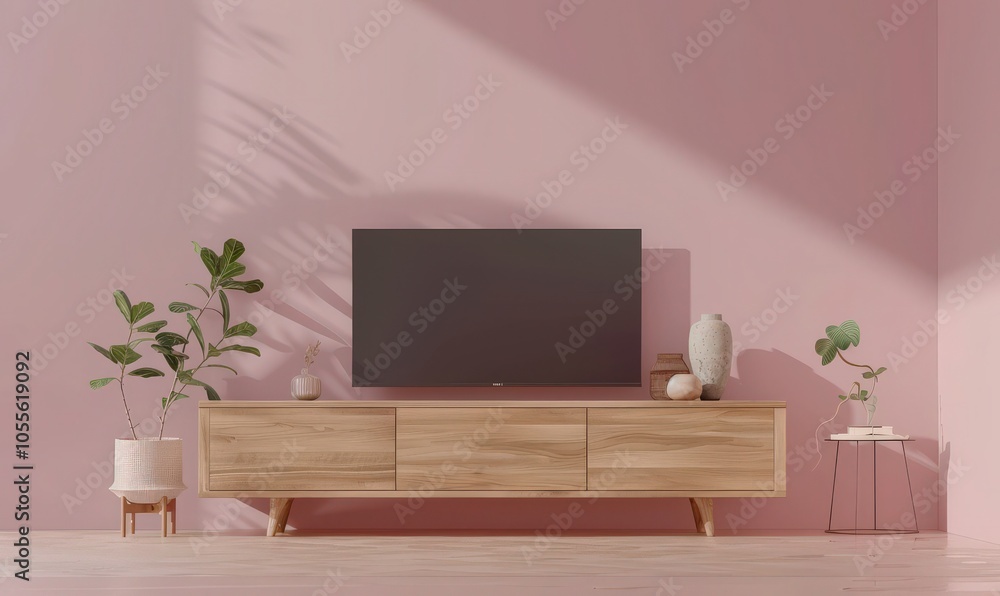 Modern living room with a flat screen TV on a wooden cabinet. pink wall and wooden floor Modern living room with a flat screen TV on a wooden cabinet. pink wall and wooden floor