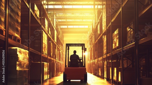 Worker driving forklift on shelves in large warehouse, back view photo