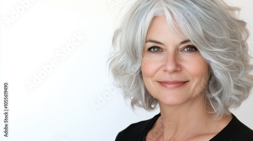 Middle-aged woman with silver hair, soft smile, and gentle gaze, appearing approachable, isolated on white