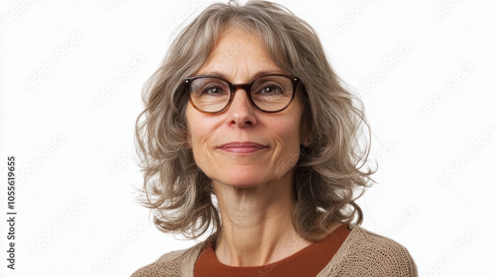 Obraz premium Middle-aged woman with thoughtful expression, wearing glasses, and soft smile, conveying wisdom, isolated on white