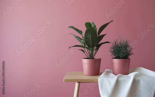 Minimalist pink and green plants on a wooden table with a white cloth perfect for interior design and home decor 