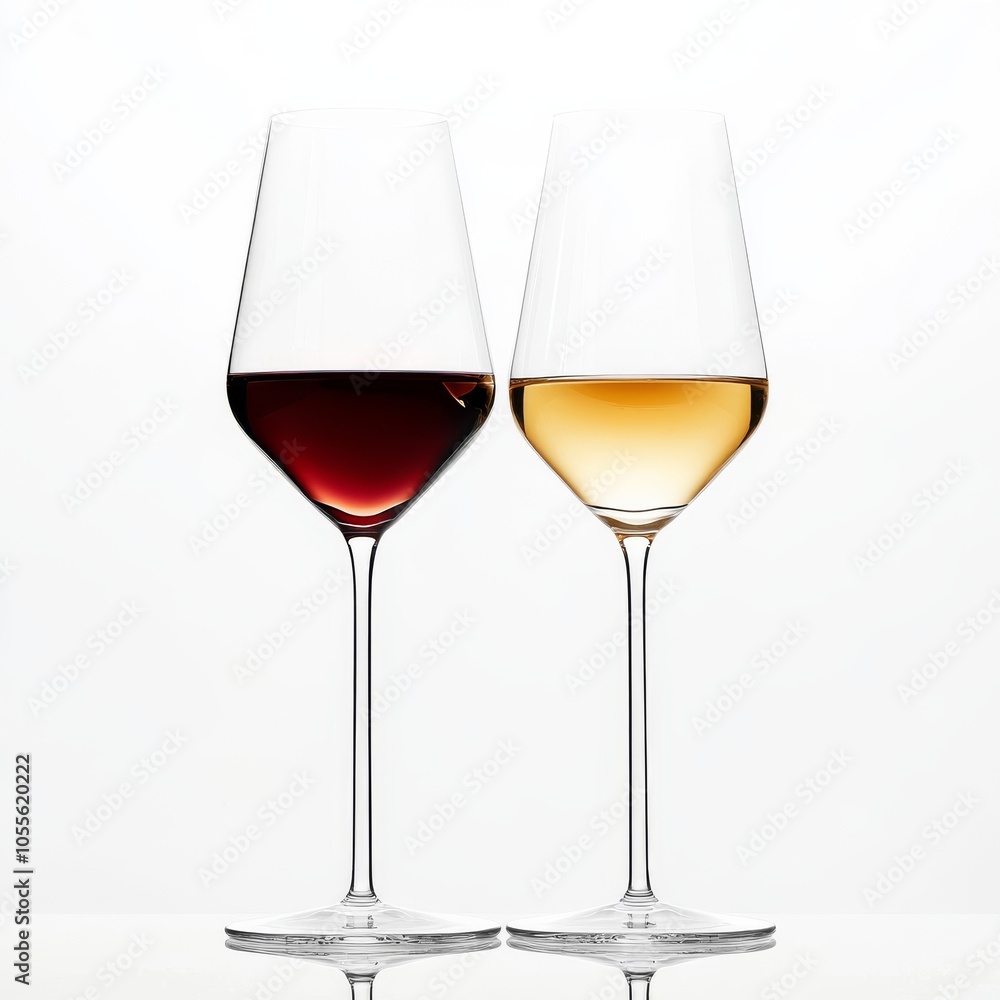 Elegant Wine Glasses Featuring Deep Red and Light White Wines on a White Background Elegant Wine Glasses Featuring Deep Red and Light White Wines on a White Background