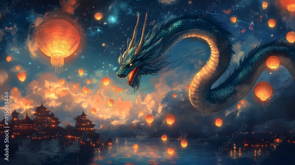 Dragon Soaring Through a Night Sky with Lanterns and a City Below Dragon Soaring Through a Night Sky with Lanterns and a City Below