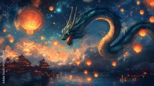 Dragon Soaring Through a Night Sky with Lanterns and a City Below