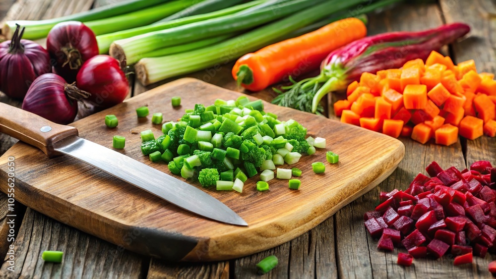 Fresh ingredients being chopped on a cutting board with a knife, selective focus background Fresh ingredients being chopped on a cutting board with a knife, selective focus background