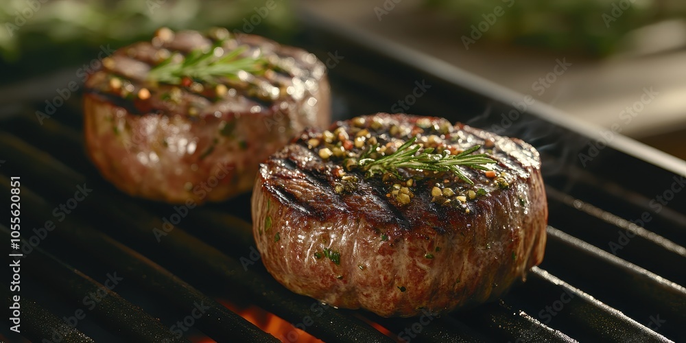 two steaks on a grill with a spri two steaks on a grill with a spri