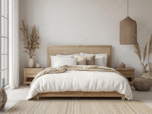 Pastel soft walls with natural wood decor and minimalist furniture for a modern, airy bedroom