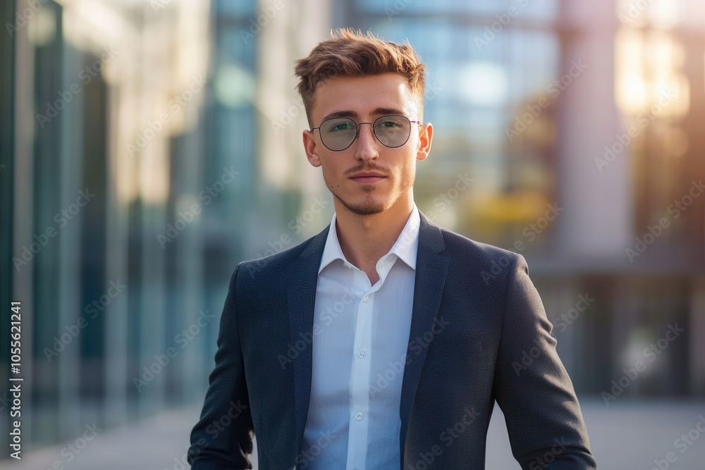 A man dressed in a stylish suit exudes confidence with a professional pose and cool sunglasses. He is standing in front of a contemporary business center during daylight, embodying a modern profession A man dressed in a stylish suit exudes confidence with a professional pose and cool sunglasses. He is standing in front of a contemporary business center during daylight, embodying a modern profession