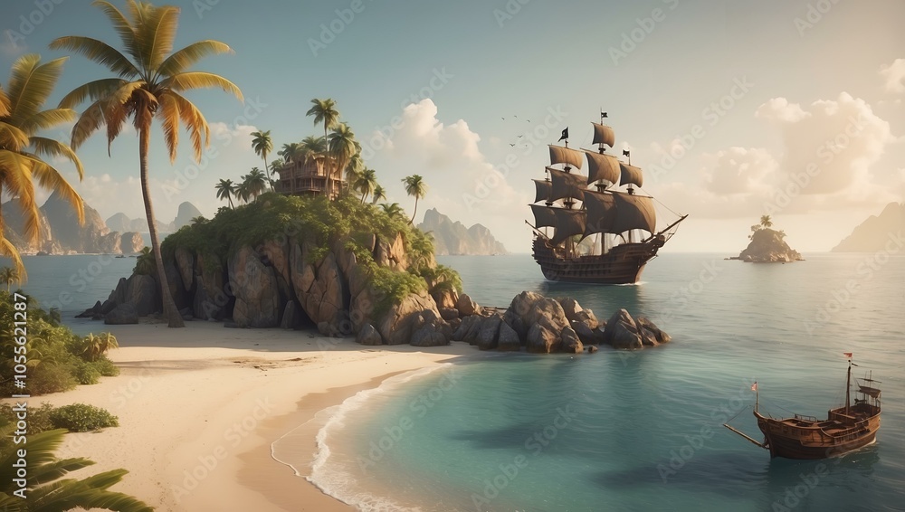 Fototapeta premium Pirate ship anchored near a tropical island with palm trees and clear water