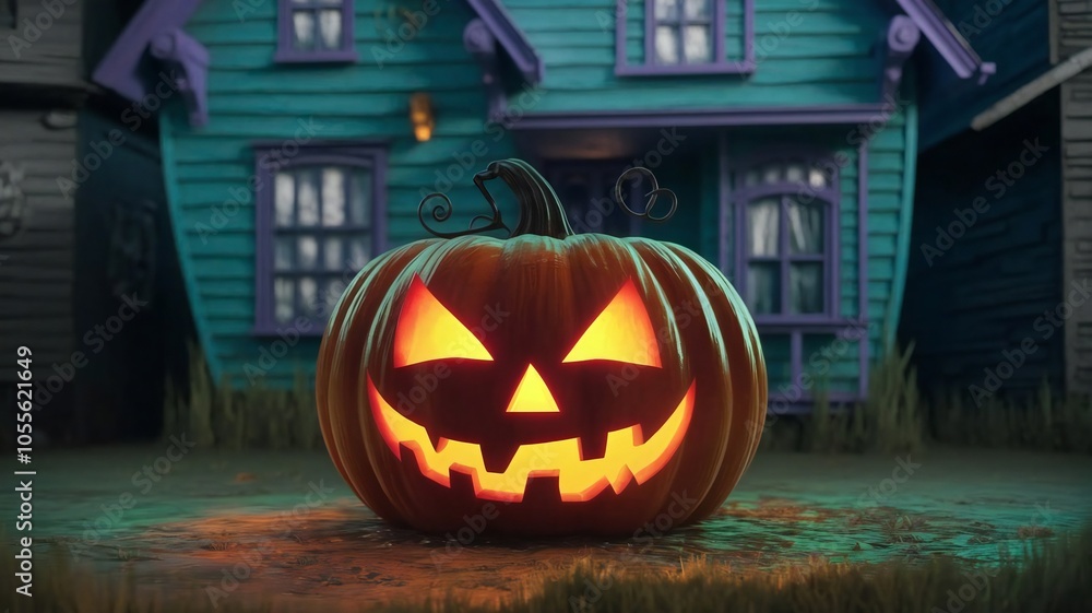 Fototapeta premium Halloween background with pumpkins and haunted house - 3D render. Halloween background with Evil Pumpkin. Spooky scary dark Night forrest. 