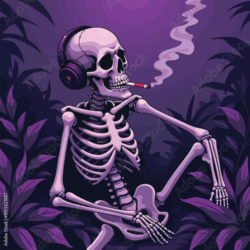 A relaxed skeleton enjoying music with headphones and smoking in a mysterious purple jungle at night