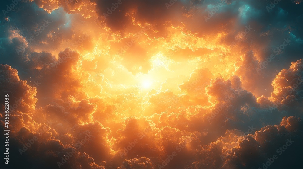A bright yellow sun is shining through a cloudy sky A bright yellow sun is shining through a cloudy sky