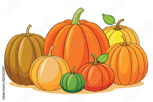 Pumpkins collection. Autumn vegetable, fall gourd, various type, shape, size, color. Seasonal fruit, Halloween and Thanksgiving decoration. Flat vector illustration isolated on white background 
