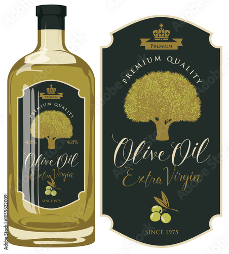 Vector label for extra virgin olive oil with olive tree design in figured frame on the black background in retro style. Template label on glass bottle