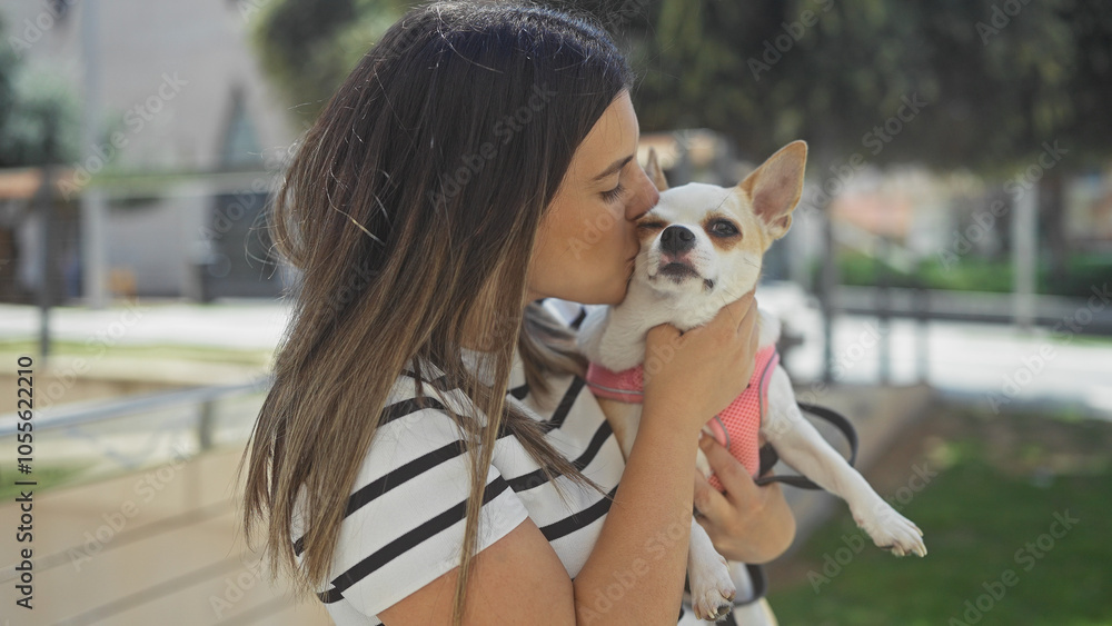 A beautiful young hispanic woman kisses her chihuahua dog in an urban park setting, showcasing a loving bond between a pet and its owner in an outdoor city environment. A beautiful young hispanic woman kisses her chihuahua dog in an urban park setting, showcasing a loving bond between a pet and its owner in an outdoor city environment.