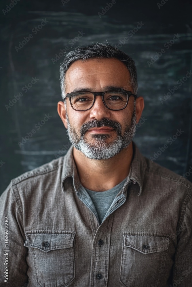 Obraz premium Man with Glasses and Beard at Blackboard