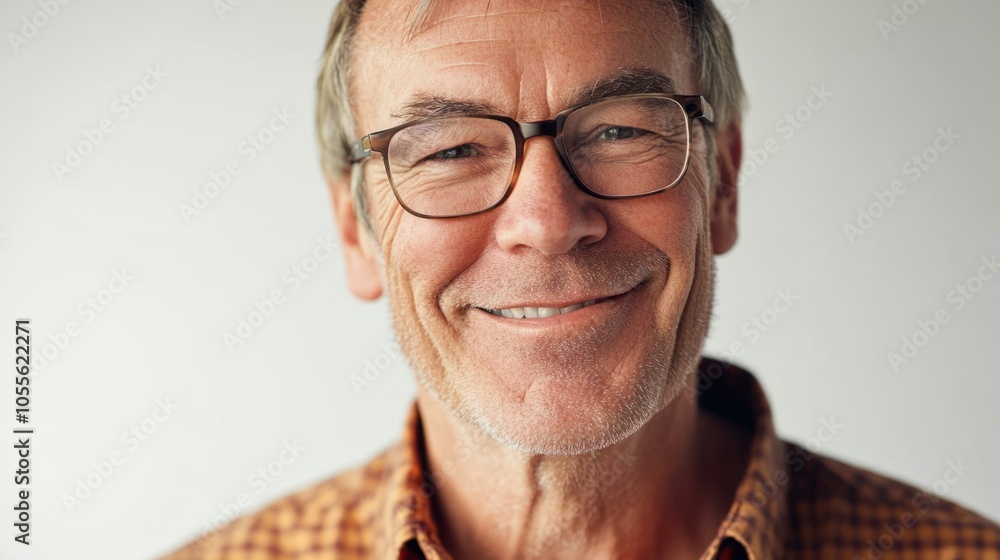 Portrait of a man with a warm smile, wearing glasses and showing a gentle, friendly expression, isolated on white Portrait of a man with a warm smile, wearing glasses and showing a gentle, friendly expression, isolated on white