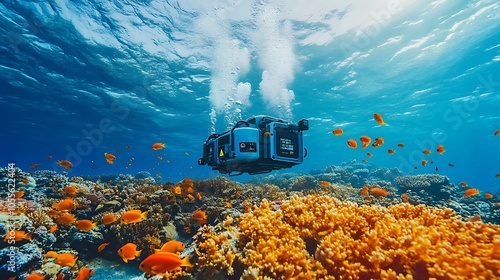 Fototapeta Naklejka Na Ścianę i Meble -  Underwater view of a vast coral reef with blue-hued, eco-friendly machinery designed to monitor and protect ocean life, surrounded by vibrant fish species