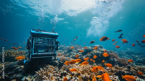 Underwater view of a vast coral reef with blue-hued, eco-friendly machinery designed to monitor and protect ocean life, surrounded by vibrant fish species