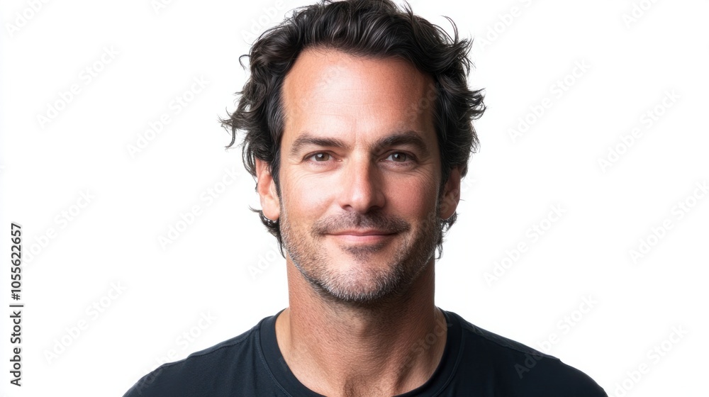 Portrait of a man with medium-length dark hair, soft smile, and friendly demeanor, looking directly forward, isolated on white Portrait of a man with medium-length dark hair, soft smile, and friendly demeanor, looking directly forward, isolated on white