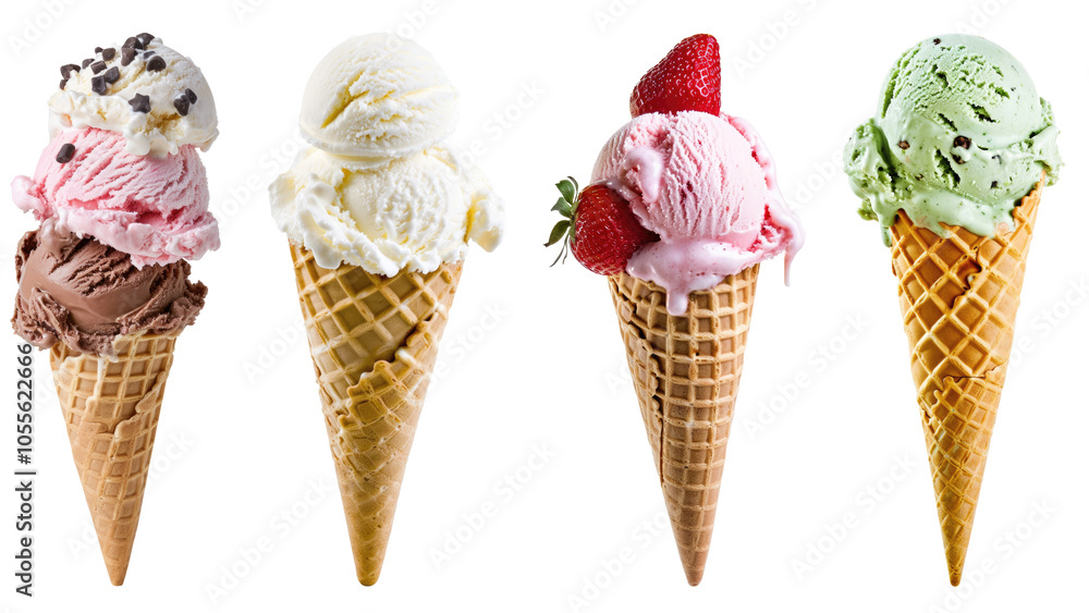 Assorted Double Scoop Ice Cream Cones with Toppings A variety of double-scoop ice cream cones featuring flavors like chocolate, vanilla, strawberry, and mint chocolate chip in waffle cones.
Assorted Double Scoop Ice Cream Cones with Toppings A variety of double-scoop ice cream cones featuring flavors like chocolate, vanilla, strawberry, and mint chocolate chip in waffle cones.