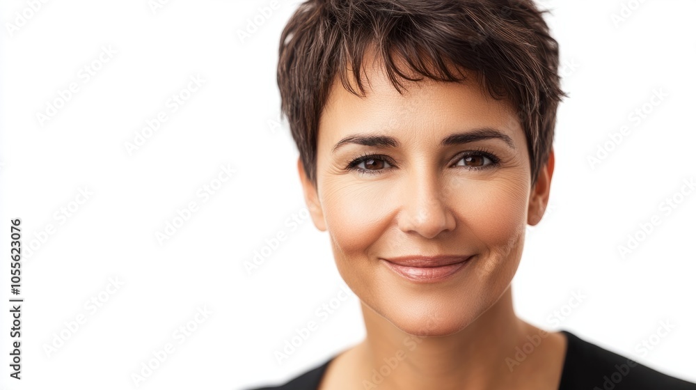 Portrait of a mature woman with short hair, kind eyes, and warm smile, showing friendliness, isolated on white Portrait of a mature woman with short hair, kind eyes, and warm smile, showing friendliness, isolated on white