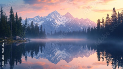 A serene high-resolution landscape of a calm mountain lake surrounded by towering pine forests. Snow-capped peaks reflect perfectly on the mirror-like water surface under a pastel-colored dawn sky.