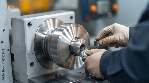 A worker operating a lathe machine, shaping a metal part with precision, lathe machining, metalworking process