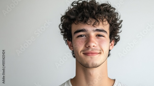 Portrait of a young man with curly hair, clean-shaven face, and slight smile, exuding confidence, isolated on white