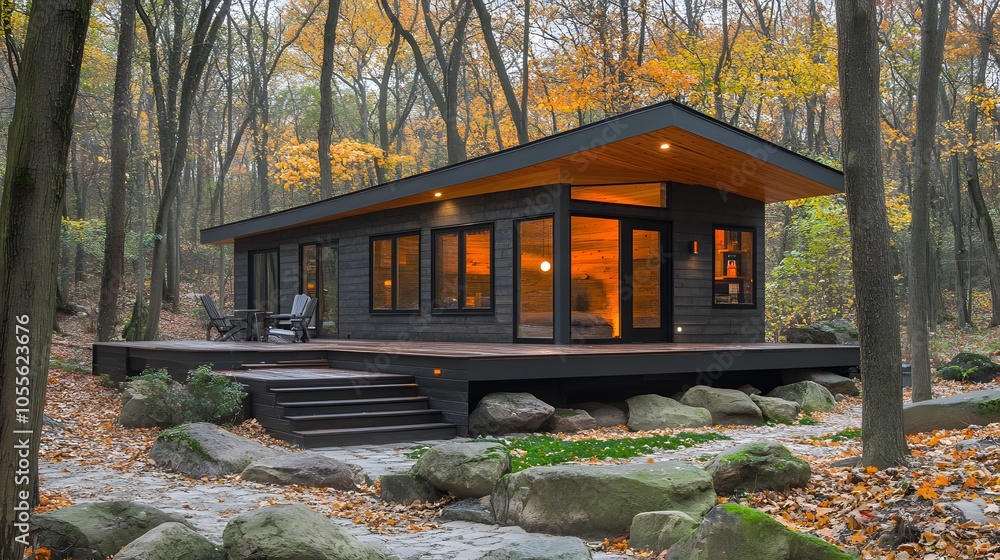 Obraz premium Scandinavian-inspired tiny house featuring a clean aesthetic with neutral tones and functional furnishings