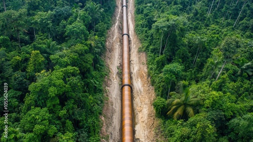 Aerial view of a complex network of oil pipelines crossing through forests and rivers oil pipelines, infrastructure, environmental impact