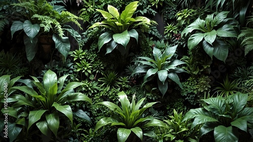 living wall tropical green plants background. Vertical garden