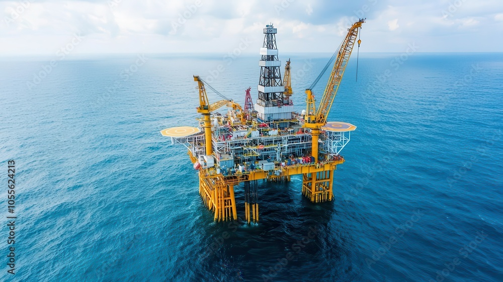 Aerial view of an offshore oil rig surrounded by the vast ocean, with cranes and workers on deck offshore oil rig, ocean, industrial landscape Aerial view of an offshore oil rig surrounded by the vast ocean, with cranes and workers on deck offshore oil rig, ocean, industrial landscape