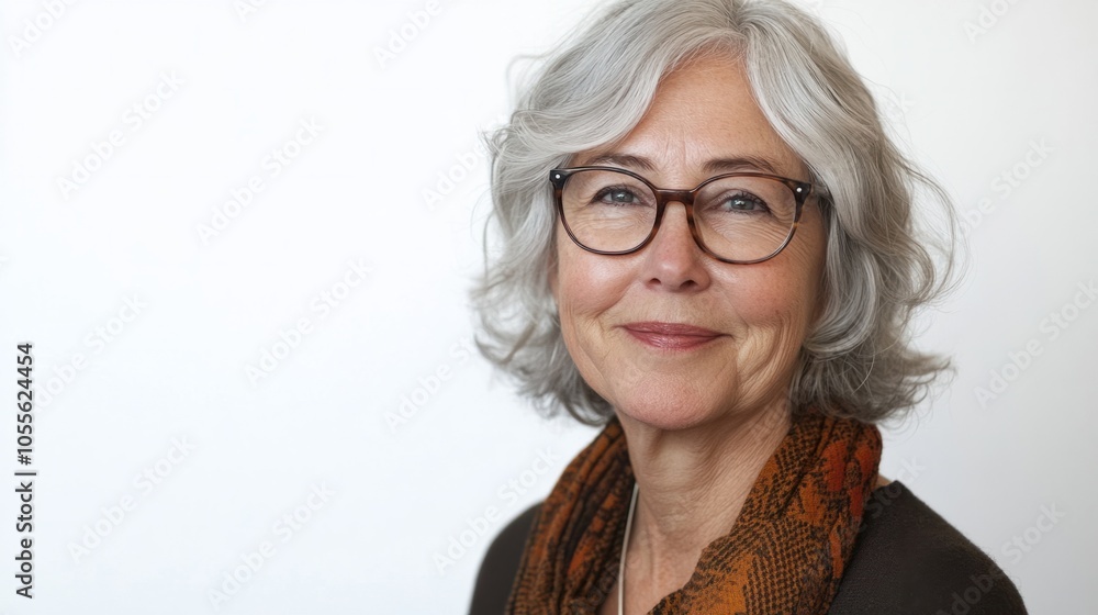 Portrait of an older woman with glasses, silver hair, and gentle smile, exuding wisdom and kindness, isolated on white