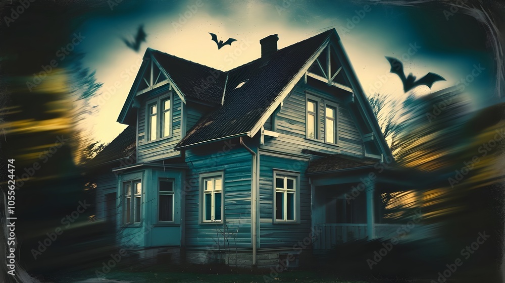A haunted house with bats and spiders. Halloween background A haunted house with bats and spiders. Halloween background