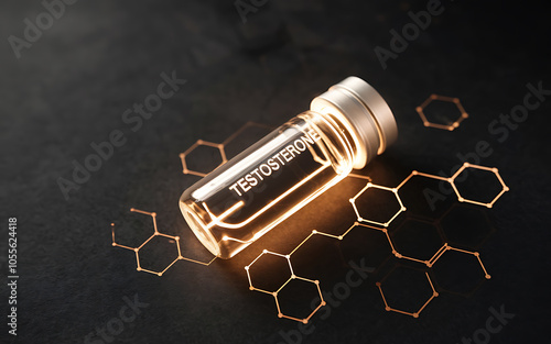 A glass vial labeled Testosterone on a black background with a gold hexagonal pattern  representing scientific research and medical advancements   