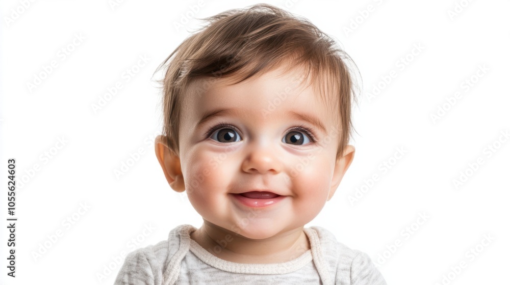 Smiling baby with big eyes, dimples, and a joyful expression, looking directly at the camera, isolated on white Smiling baby with big eyes, dimples, and a joyful expression, looking directly at the camera, isolated on white