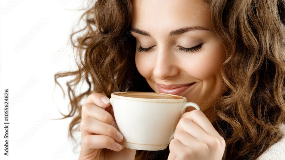 custom made wallpaper toronto digitalSmiling woman drinking coffee from a ceramic cup, looking relaxed and cheerful, isolated on white
