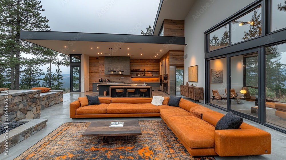Tiny house showcasing a stunning view with large glass walls blending seamlessly with nature outside Tiny house showcasing a stunning view with large glass walls blending seamlessly with nature outside